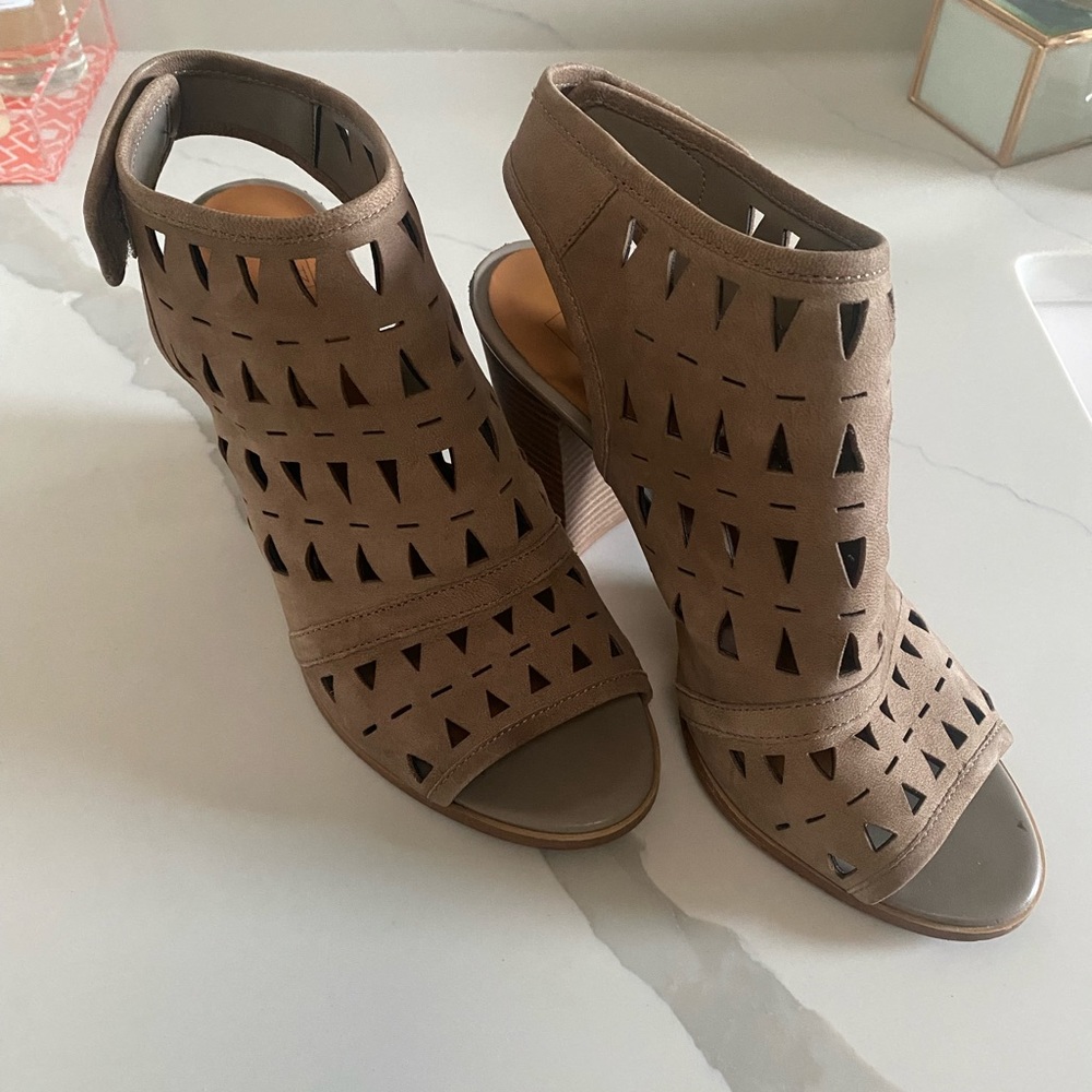 Chunky heel taupe peep toe cut out boots